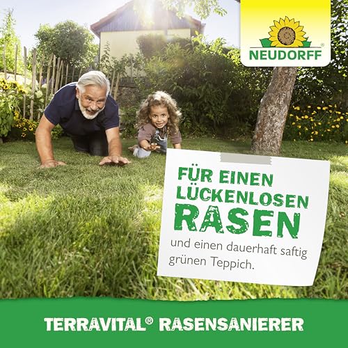 Neudorff TerraVital RasenSanierer – Vertikutier-Mix für 150 m² zur Neuanlage und Ausbesserung lückenhafter Rasenflächen nach dem Vertikutieren, schnellkeimend, 4,5 kg