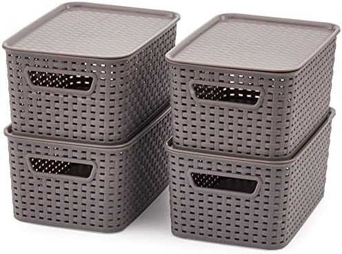 EZOWare set of 4 Lidded Storage Bins, Small Plastic Stackable Weaving Wicker Organizing Baskets Boxes Containers with Lids and Handle, 11 x 7.3 x 5.1 inch