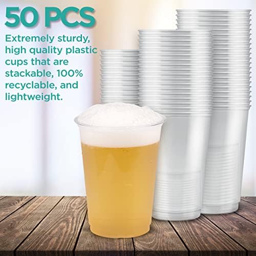Beths Kitchen Plastic Cups  Pack of 50. Strong, Heavy Duty, Clear Disposable Glasses, Perfect for Pubs, Parties & Picnics, & for Drinking Beer, Juices, & Water (Half-Pint (300ml))