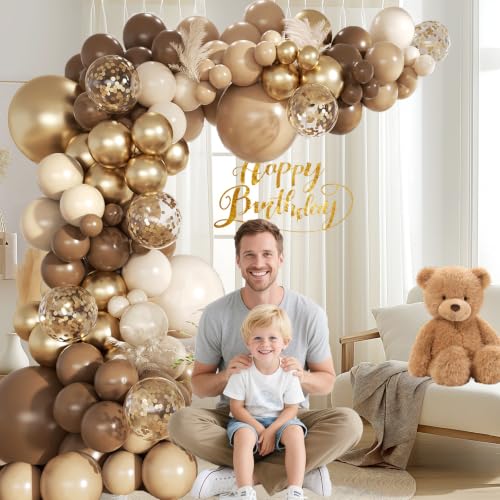 Image of Brown Gold Balloon Garland Arch Kit, 18 12 10 5 inch Different Sizes Brown Beige Nude Metallic Confetti Gold Balloons for Birthday Party Netural Bear Baby Shower Decorations