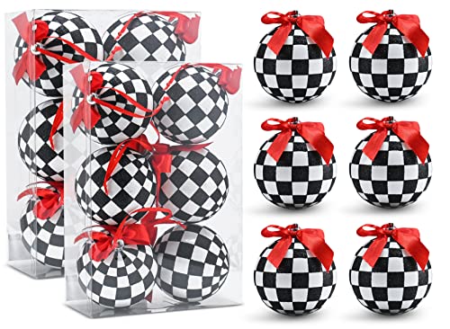 Ornativity Black And White Ornaments - Glittered Black And White Checkered Ball Ornament With Red Bow And String Christmas Tree Decoration Set - Pack Of 12 #TOP1