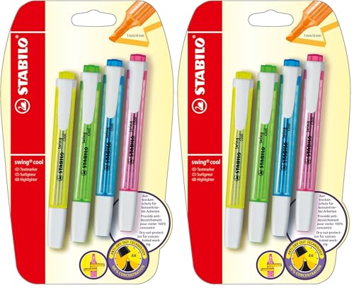 STABILO swing cool - Surligneur - blister x 4 surligneurs fluo - jaune, vert, bleu, rose (Lot de 2)