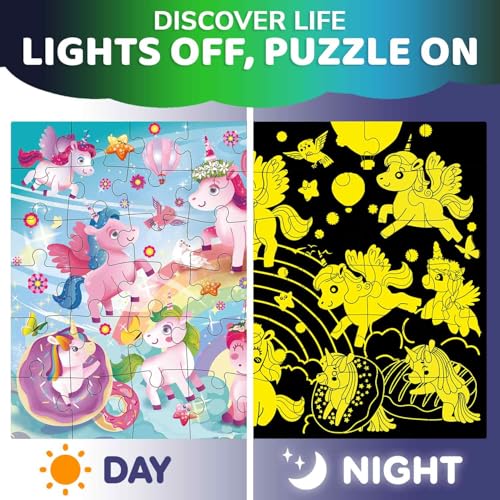 QUOKKA Floor Puzzles for Kids Ages 4–8 – 2x3 FT Giant Glow in The Dark Jigsaw – 48 Large Pieces – Magical Fantasy Unicorn Scene – Montessori Toy with Gift Box – Fun Learning Activity