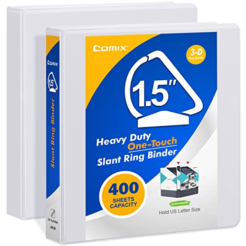 Comix Heavy Duty View 3 Ring Binder, 1.5" One Touch Slant Rings Holds Us 8.5" X 11" Paper, 2 Packs (White) #TOP12