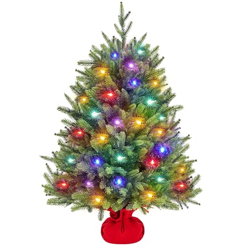 Yaheetech Mini Albero di Natale Artificiale con 50 Luci Piccolo da Tavolo con Base Portatile in Miniatura Realistico Ornamenti per Casa Ufficio Interno (Verde con Luci, 91 cm)