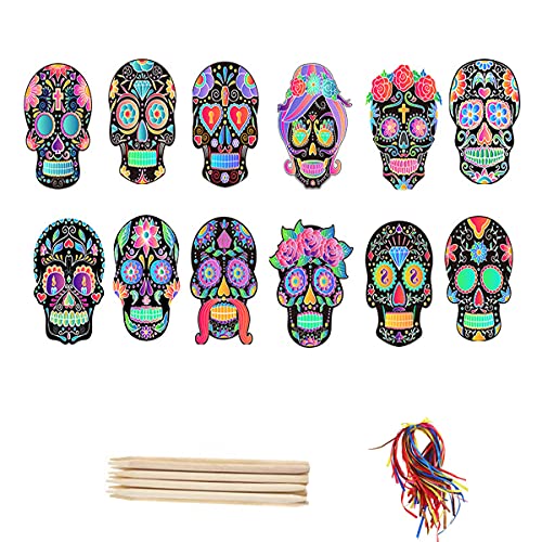 12 Set Halloween Sugar Skull Scratch Paper Rainbow Magic Scratch Painting Colorful Skull Bone Flower Scratch Crafts Kit Kids Party Favor Hanging Decoration Ornaments With Ribbons Wooden Scratch Tools… #TOP7
