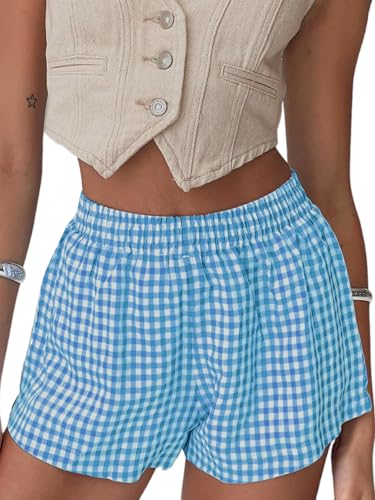 Image of Chunoy Women's Plaid Boxer Shorts Summer Casual Gingham Pajama Bottoms Short with Pockets