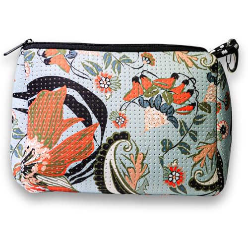 POPUPS Brand Large Makeup Bag with Zipper - Neoprene Machine Washable Travel Toiletry Cosmetic Organizer Pouch for Women (Print Blossom Blue)