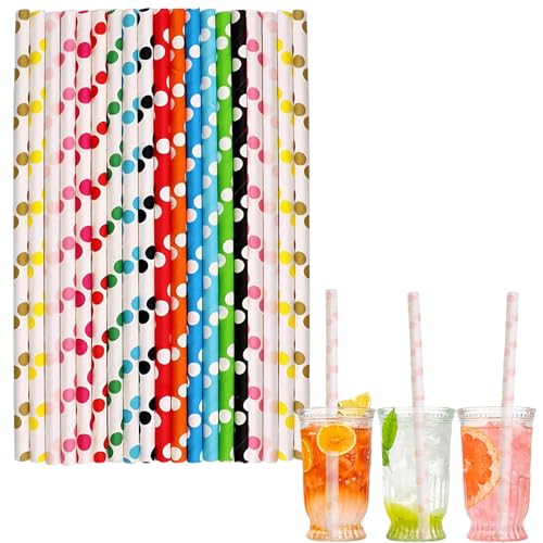 Cannucce di carta, 24 cannucce di carta per feste di Natale, per cocktail, ristoranti, casa, bar, feste di Natale, succhi di frutta, caffè, bevande fredde (mix a pois grandi: 100 pezzi)