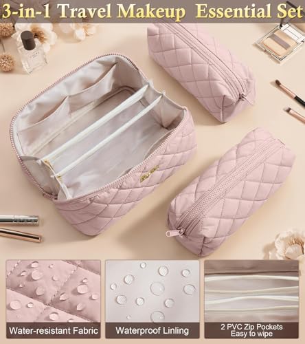 Image of Travel Makeup Bag, Large Capacity Puffy Toiletry & Cosmetic Bag for Women | 3 PCS Open Flat Quilted Makeup Cosmetic Organizer, Waterproof w /Clear Divider Portable Pouch for Skincare Travel Essentials