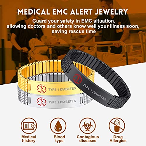 Bandmax Black Diabetes Id Bracelet Type 1 Emergency Medical Alert Bracelets Wristbands Elastic Adjustable Medical Id Bracelet Medical Alert Jewelry For Diabetic Patient #TOP2