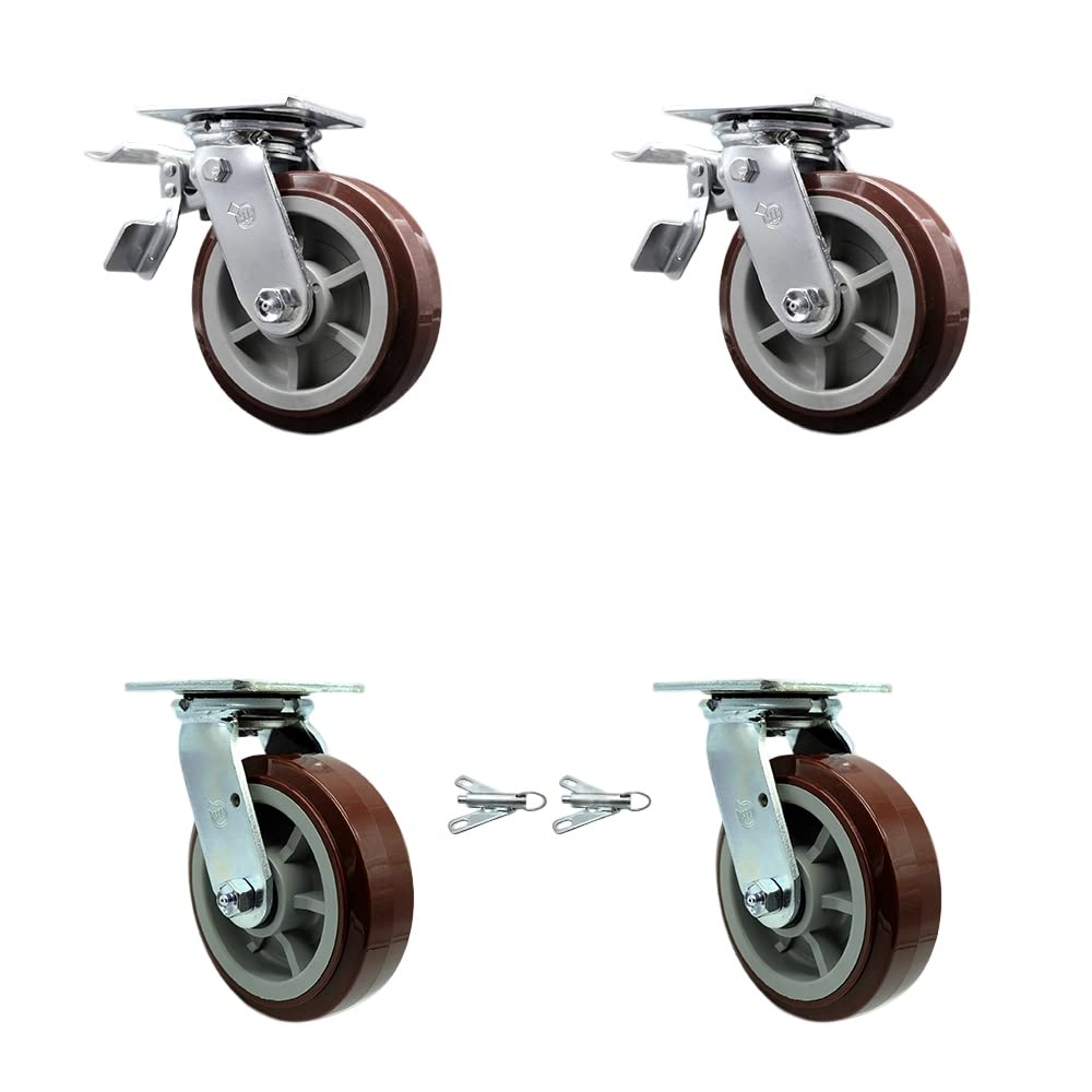 Heavy Duty Swivel Caster Set of 4 with 6 Inch Polyurethane Wheels and Ball Bearings - Includes 2 Swivel with Total Lock Brakes and 2 Swivel with Bolt on Swivel Locks - Service Caster Brand