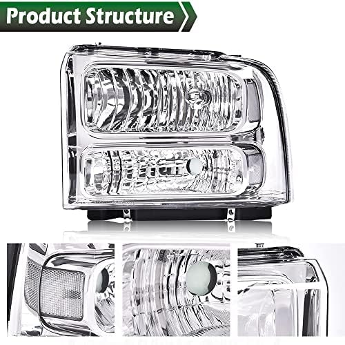 Image of GRAND ORANGE Headlights Assembly Compatible with 1999-2004 Ford F250 F350 F450 F550 Super Duty /Fit 2000-2004 Ford Excursion Headlamps Clear Lens Chrome Housing 1C3Z13008BA