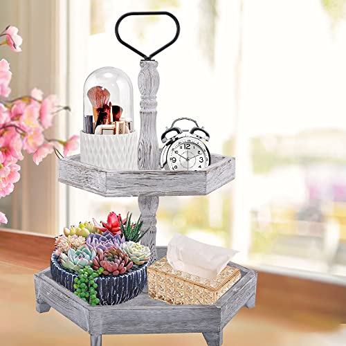 Two Tiered Tray White Farmhouse Decor Trays, Wood Fall Kitchen Decor Tray, 2 Tier Trays Wood Cake Stand Country Decor Tiered Serving Tray Wooden Festival Decorative Tray 19"X15" #TOP2