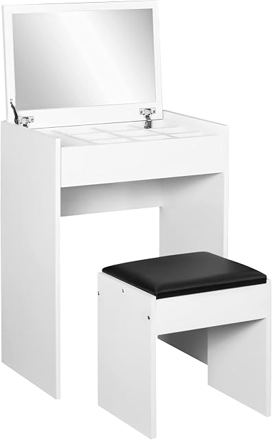HOMCOM Dressing Table Set Padded Stool Dresser with Flip-up Mirror Multi-purpose - White