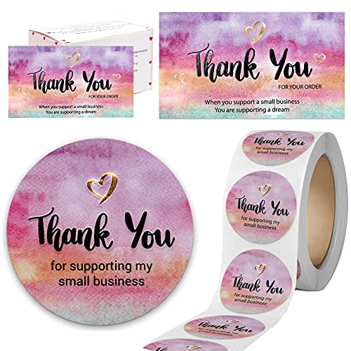 Modern 5th – 500枚 Thank You for Supporting My Small 名刺とステッカーセット 水彩画 金色のハート付き (3.5x2インチ カード100枚と1.5インチの円形ステッカー400枚) パッケージインサート用（Amazon）