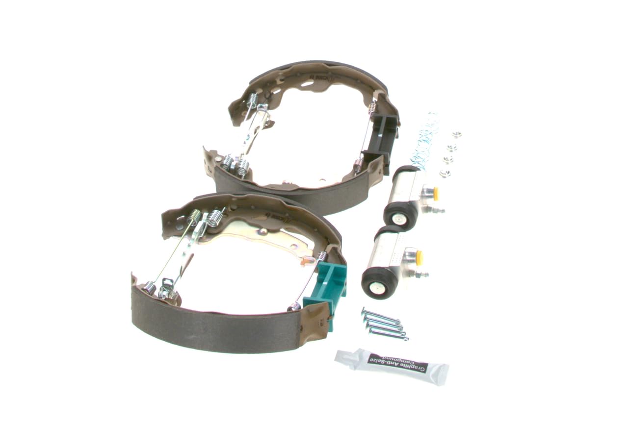 BOSCH Kit ganasce freno 0204114151 | Kit freno a tamburo posteriore - 1 set preassemblato, 2 cilindri freno a ruota, 4 ganasce freno