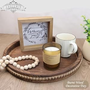 Round Burnt Wood Serving Tray with Beads, Wooden Decorative Tray for Entertaining, Decoration, and Gifting, Round Burnt Wood Serving Tray with Beads Wooden Decorative Tray for Entertaining Decoration and Gifting