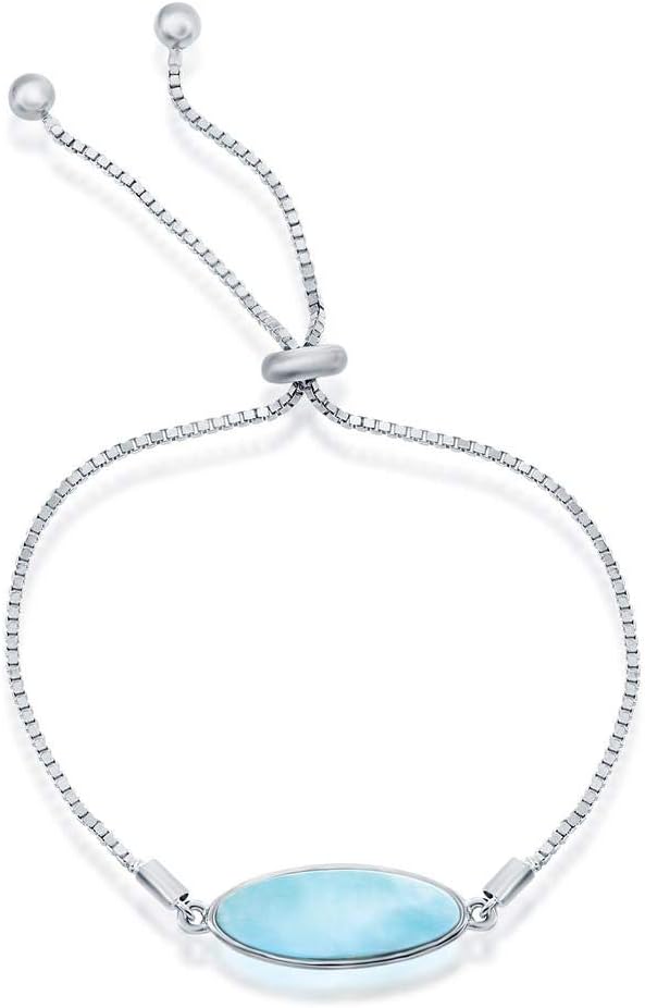 Oval-Shaped Natural Larimar Gemstone Adjustable Bolo Bracelet