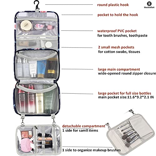 Vextrofort Toiletry Bag For Women, Large Hanging Travel Makeup Bag Water-Resistant For Toiletries/Cosmetics/Brushes (Blue Flower) #TOP2