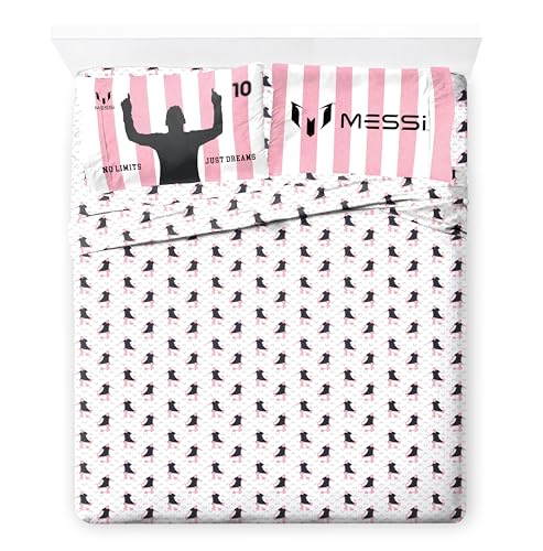 Image of Jay Franco Messi Full Comforter Set 7 Piece Soft Kids Sports Bedding, Pink | Bed in a Bag, Comforter Sheets Shams Pillowcases, Official Product, Soft Microfiber, Machine Washable, Kids Gift