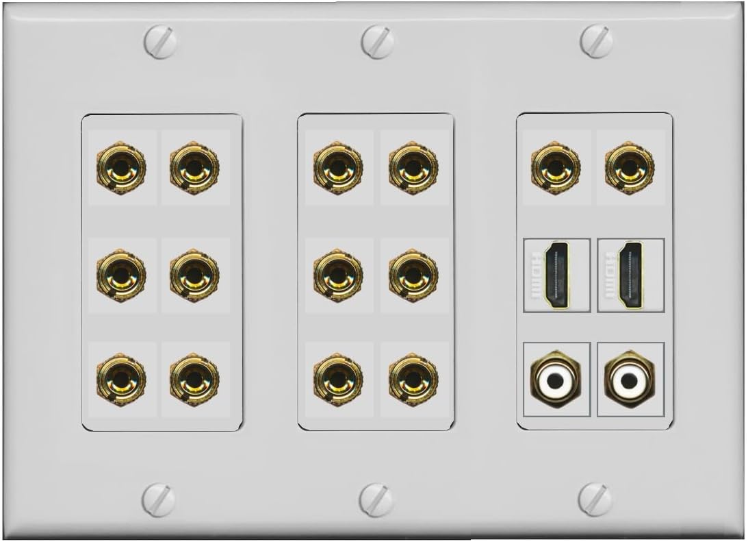 RiteAV 7.2 Surround Sound 7 Speaker 14 Banana Plug Jack Wall Plate w/ 2 RCA Subwoofer + 2 HDMI Female Connectors - 3 Gang [Black]