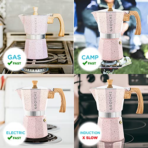 Image of GROSCHE Milano Moka pot, Stovetop Espresso maker, Greca Coffee Maker, Stovetop coffee maker and espresso maker percolator (Pink, 9 cup)