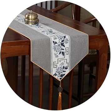 Dofo Chinese Zen Table Runner, Polyester, Multiple Colors, Jacquard Pattern, Oriental Style with Tassels Grey, 33 * 140cm Desktop 80-90cm, Coffee Table 90-100cm