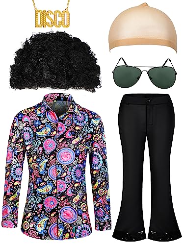Mepase 6 Pcs Men 70s Disco Costumes Include Retro Shirt Bell Bottom Pants Wig Sunglasses Necklace Wig Cap for Disco Party(Classic,Medium) by Mepase - Image 2
