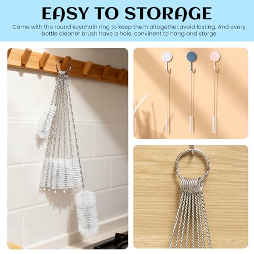 8PCS Small Bottle Brush Set - Nylon Straw Cleaner & Narrow Neck Bottle Cleaning Brushes for Water Bottles, Jars, Teapot Spouts, Reusable Pipe Cleaner Brushes (White)