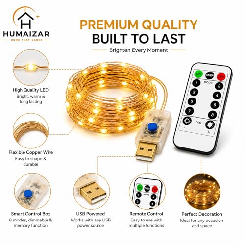 Image of HUMAIZAR 5M USB Powered LED String Lights with Remote & 8 Modes, Copper Wire Fairy Lights for Bedroom, Wedding, Christmas, Ramadan, Diwali, Party, Curtain & Home Decoration (Yellow Light)