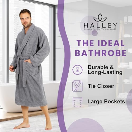 Image of HALLEY Luxury Bathrobe for Women & Men, Shawl Collar Spa Bath Robes Terry Cotton Ultra Soft Shower Robe with Pockets
