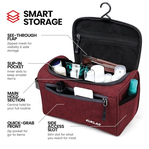 Image of KUKLAR Large Travel Toiletry Bag for Men, Water-Resistant Canvas Dopp Kit with Front Zipper Pocket, Portable Bathroom Hygiene & Grooming Organizer Bag for Vacation & Gym(Maroon)