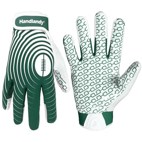HANDLANDY Youth Football Gloves, Sticky Wide Receiver Gloves for Kids, White and Gold Stretch Fit Football Glove (White and Green, X-Small)