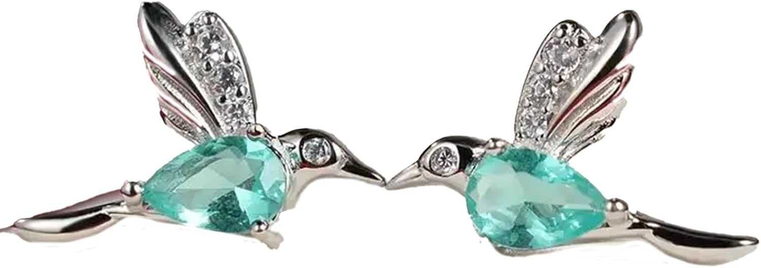 Hummingbird Stud Earrings, with Aqua Crystal and Rhinestone Wings Cute Unique Earrings Bird-Themed Jewelry Gift
