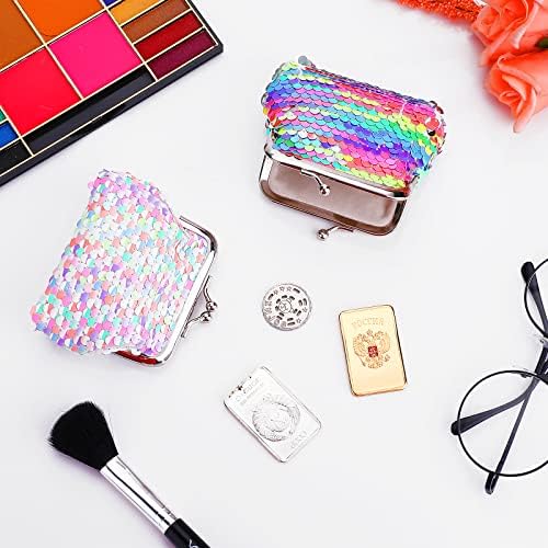 Prasacco 2 Pcs Sequin Coin Purses Reversible Sequin Mini Wallet with Kiss-Lock Closure Colorful Change Coin Purse Bag Handbags for Kids Girls Women Party Favor