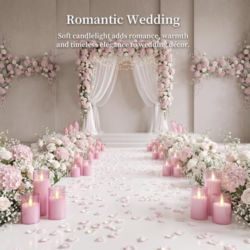 Image of Homemory Realistic Flickering Flameless Pink Candles with Remote & Timer | LED Fake Electric Pillar Candles Battery Operated for Home, Wedding, Christmas Decor, Set of 5