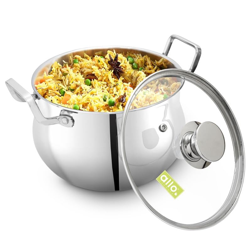 Image of Allo Triply Stainless Steel Casserole /Biryani Handi Pot | Perfect Saucepot Saute Induction Friendly Naturally Non-Stick | 10 Years Warranty, 16cm, 2.6 litres with Glass Lid
