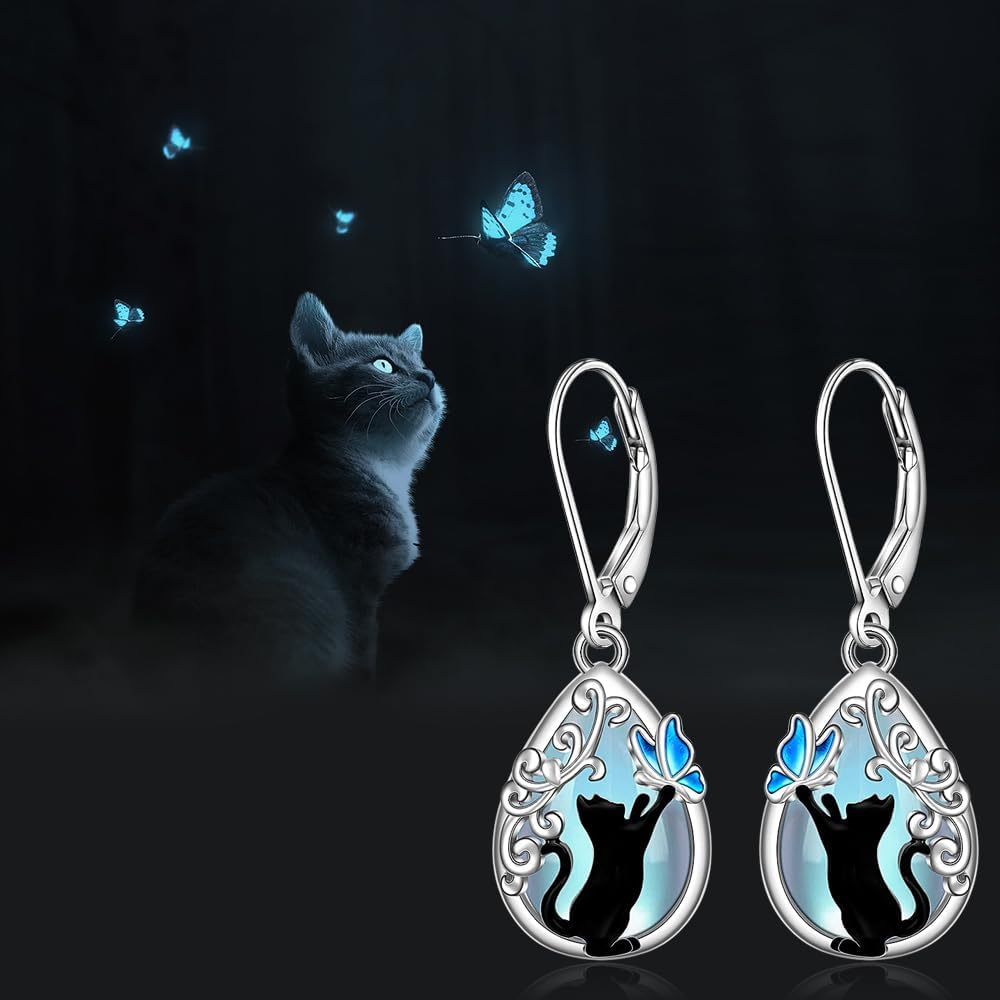 Cat Earrings Moonstone Filigree Earrings for Women Black Cat Earring Butterfly Filigree Sterling Silver Dangle Moonstone Cats Jewelry Halloween Valentines Gifts - Image 6
