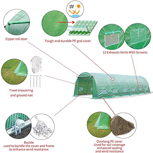 DNYKER Portable Greenhouse 26\' x 10\' x 6.6\' Large Walk-in Green House for Outdoors Gardening Plant Hot House - Thumbnail 4