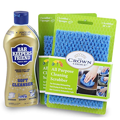BAR KEEPERS FRIEND Soft Cleanser (13 OZ) with All Purpose Scrubber Cloth | Durable and Multipurpose. Cleans Stainless Steel, Rust, Minerals