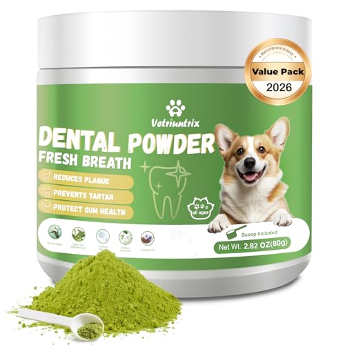 Vetriuntrix Dog Teeth Cleaning Powder, Dental Powder for Dogs Teeth Tartar Remove & Plaque Off, Fresh Breath for Dogs with Natural Plants Blend, Enzymes and Postbiotics, 80g