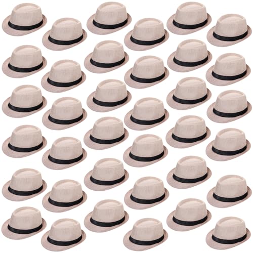 Suhine 36 Pcs Halloween Men Fedora Hat Bulk 20s Straw Short Brim Sun Panama Women Party Costume, Circumference 60 cm (Creamy White)