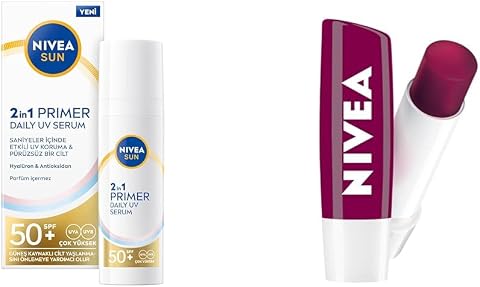 NIVEA SUN SPF50 Primer Nemlendirici Makyaj Bazı 30ml ve Böğürtlen Nemlendirici Dudak Kremi ve Parlatıcısı