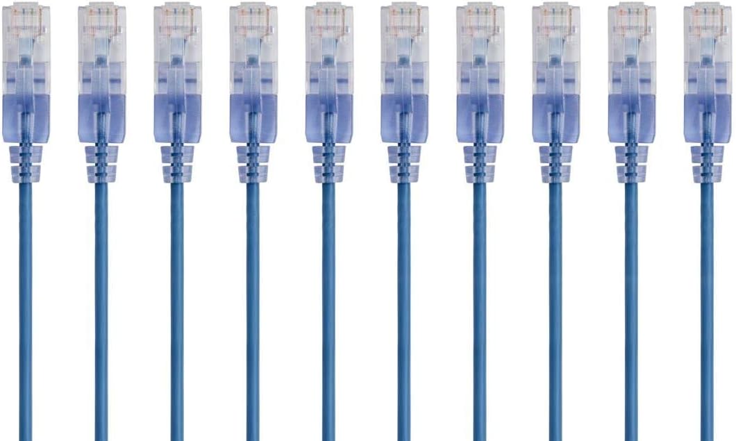 Monoprice Cat6A Ethernet Patch Cable - 10-Pack, Snagless RJ45, 550Mhz, 10G, UTP, Pure Bare Copper Wire, 30AWG, 15 cm, Blue - SlimRun Series