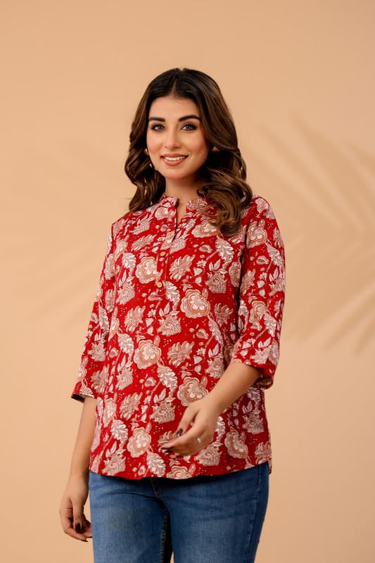 Image of Women's Cotton Printed Kurta Top | 3 /4 Sleeve Straight Kurti Casual Outings