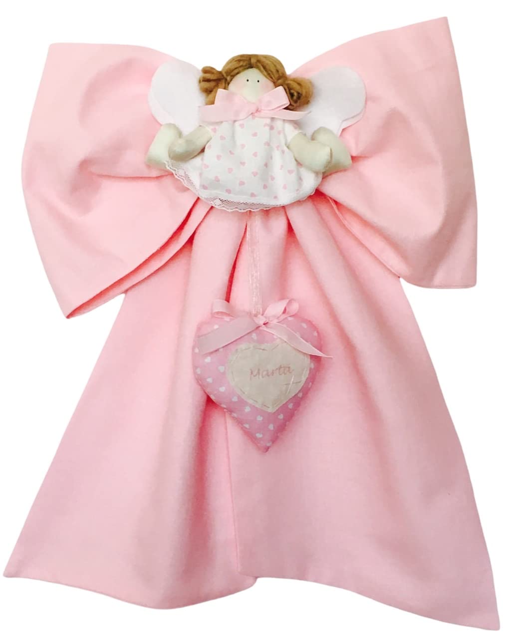 FIOCCO NASCITA CON BAMBOLINA ANGIOLETTO E CUORE PERSONALIZZATO, BIMBO O BIMBA COLORI A RICHIESTA