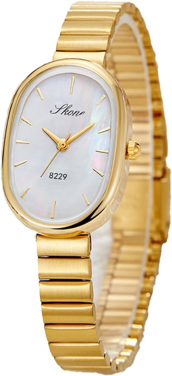 Elegant Watches for Women Oval Ultra-Thin Dial Easy Reader Watch Fashion Women Stainless Steel Band Wristwatch (Gold/White)