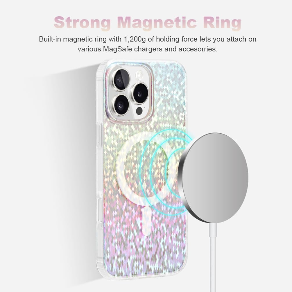 for iPhone 16 Pro Max Case, Clear Glitter Case Compatible with MagSafe, Camera Protection, Shockproof Thin Cover, Resists Yellowing, Magnetic Phone Case (Diamond Iridescent, iPhone 16 Pro Max) - Image 3