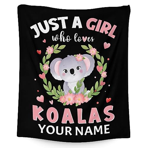 Personalized Koala Blanket Gifts with Name - 50"x60" Cute Throw for Women, Girls - Black Soft Fuzzy Blankets for Bed, Couch & Living Room